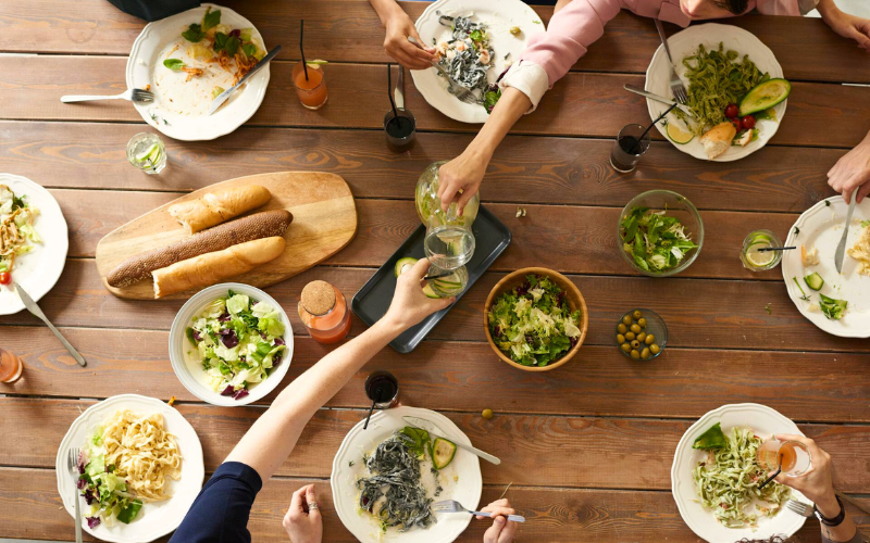 people having a meal - from a top view
